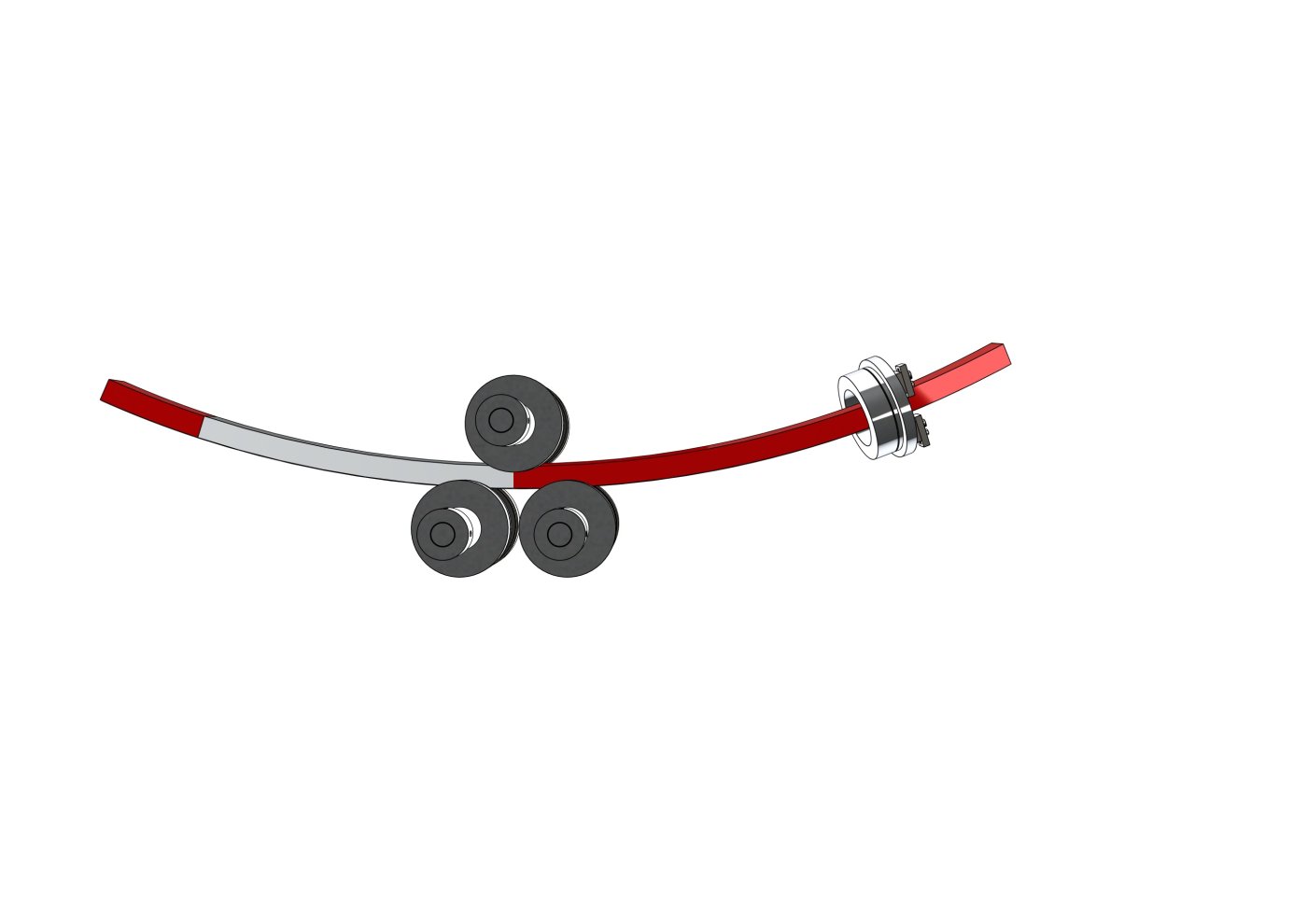 How the twist is made. A customised mould set at an inclination gives the roller bender a fixed angle, drive and fixed rollers form the flat arc, and a fourth axis fixture puts in the twist.