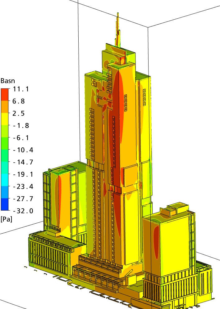 A colour-mapped model of a tower showing pressure ranges across its surfaces