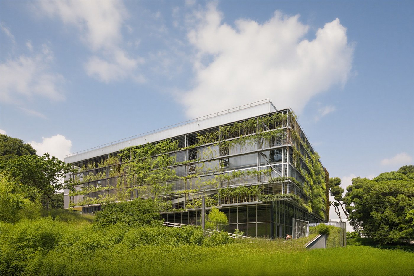 Edificio immerso nel verde con facciata leggera