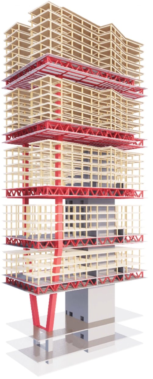 A shelf with buildings in it. Timber was limited to six storeys in Sydney, so Rammig's team designed a structural steel mega shelf for timber buildings to slot into.