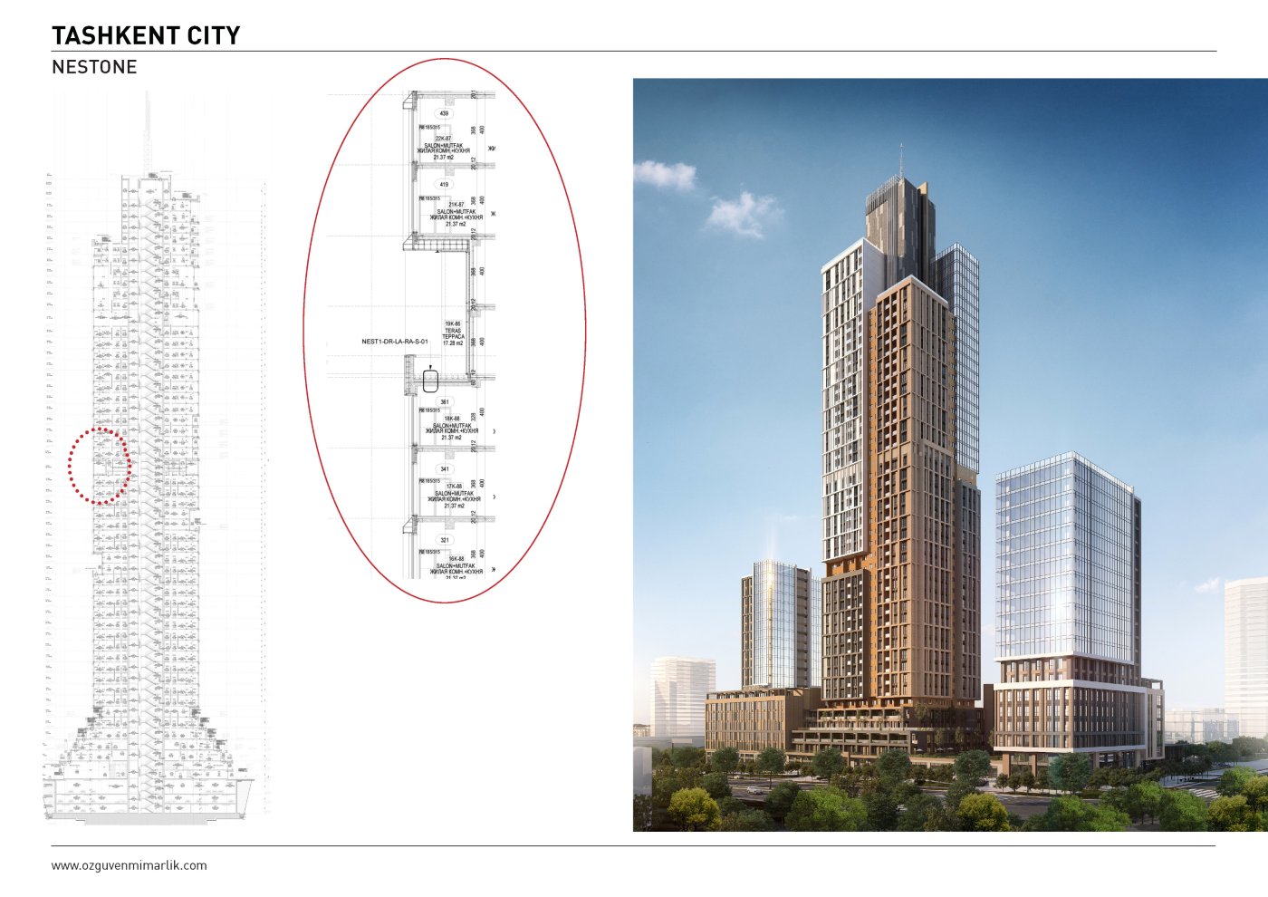 A board setting the tower's elevation and a circled façade detail beside a photograph of the finished building