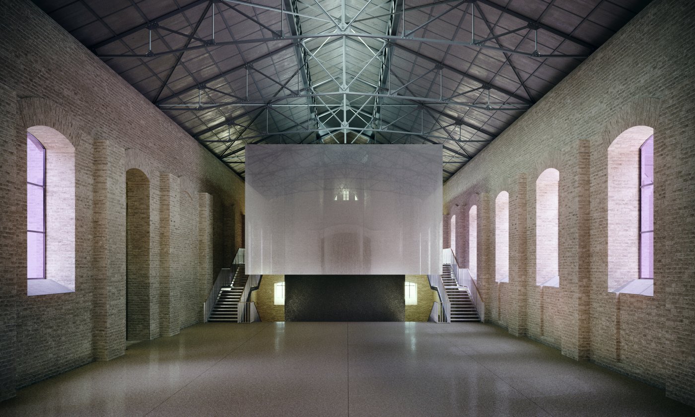 Render of a tall brick hall under an exposed steel roof, with a pale suspended volume at the far end