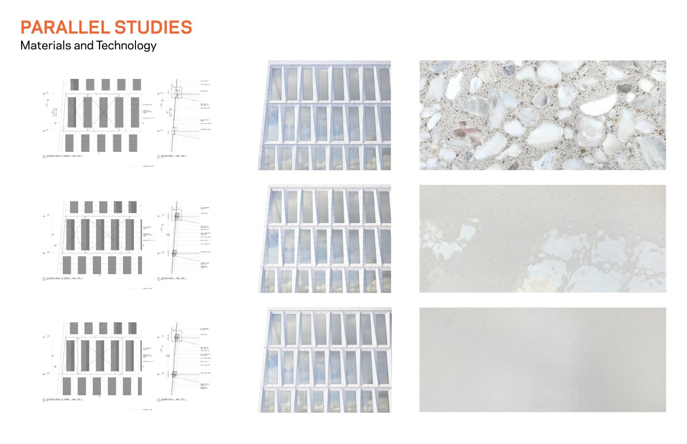 Three materials, carried far. Precast, glazed terracotta and metal panel were studied in parallel; precast answered the chromatic and physical character of the heritage buildings opposite.
