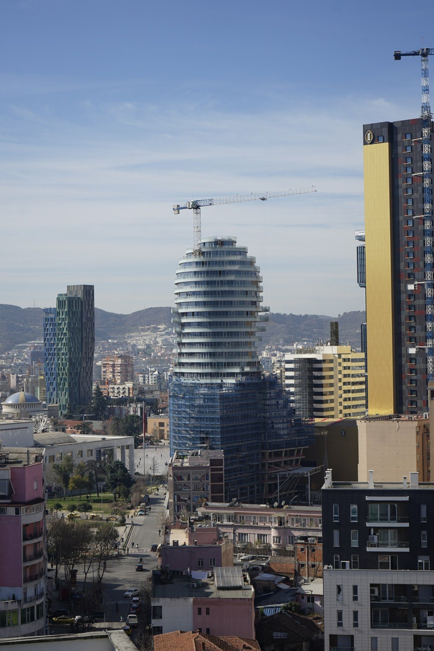The built tower rising over Tirana