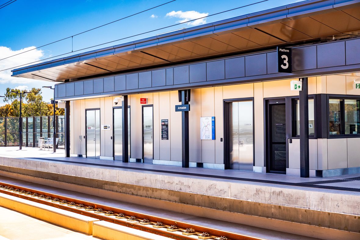 Armadale Station platform with a steel soffit ceiling