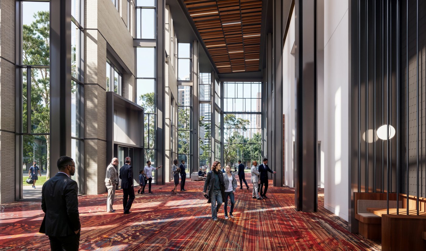 Cruciform, and left showing. Gao said the columns and beams in the concourse are exposed structural steel with intumescent paint for the fireproofing.