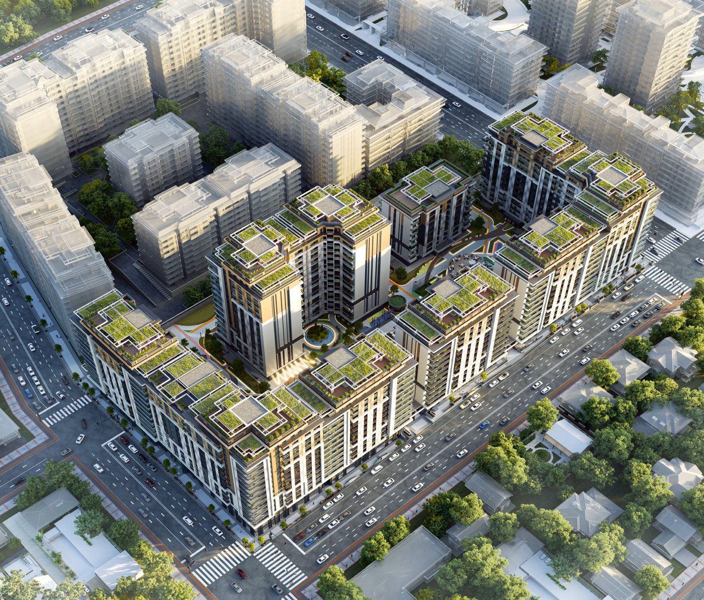 Aerial view of a city block of residential buildings with planted and usable roofs