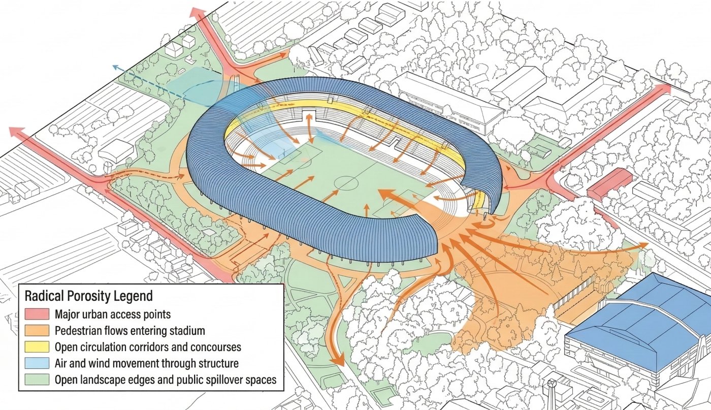 One side taken away. The park in front runs into the bowl, so the stadium is used on the days when nothing is on.