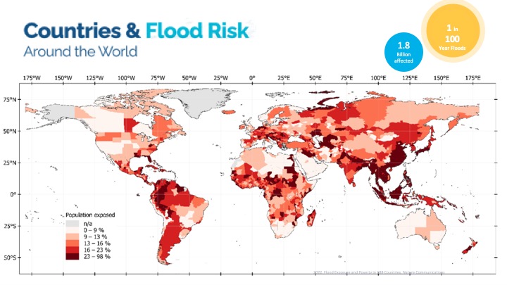 World map highlighting cities at high flood risk
