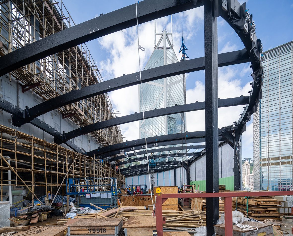 Curved glass and steel roof of the Brisbane performing arts venue under construction