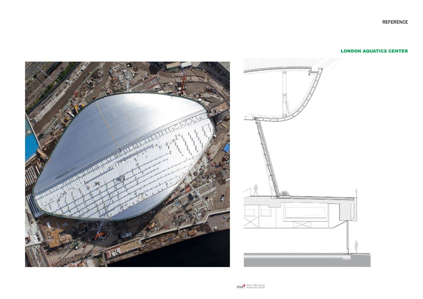 A standing-seam precedent. Shah cited the practice's earlier experience at the London Aquatics Centre when setting the strategy for panelising the Navi Mumbai roof.