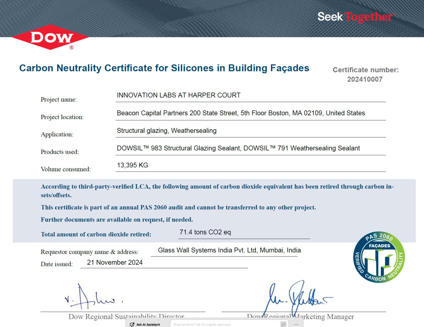 Carbon neutral in practice. Subramanian described clean-energy production and REDD+ sequestration behind the carbon-neutral structural and weather sealants supplied to Glass Wall Systems.
