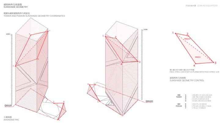 Nothing lines up, by design. The X is not a cut in the surface but two folds, and it is deliberately not aligned with the tower's own façade planes.