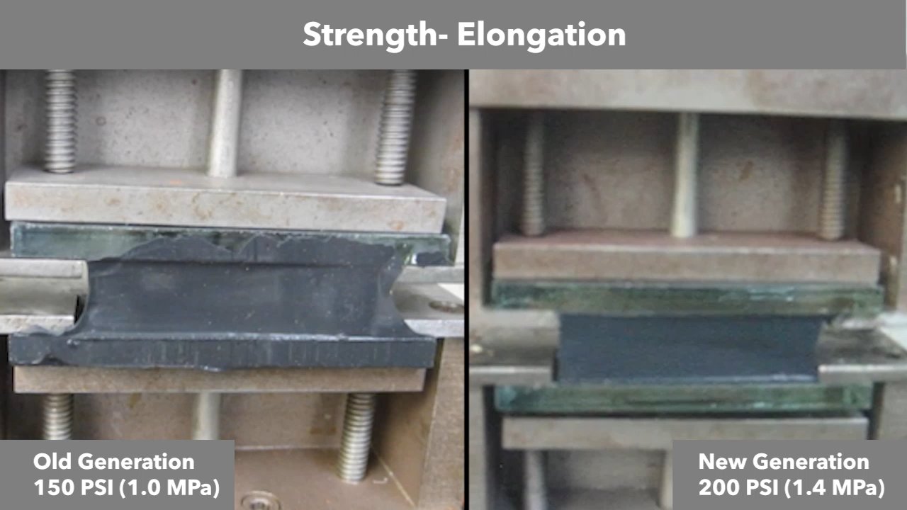 Old generation against new. Yakin ran strength and elongation side by side, and said the newer material keeps going even as it is being torn.