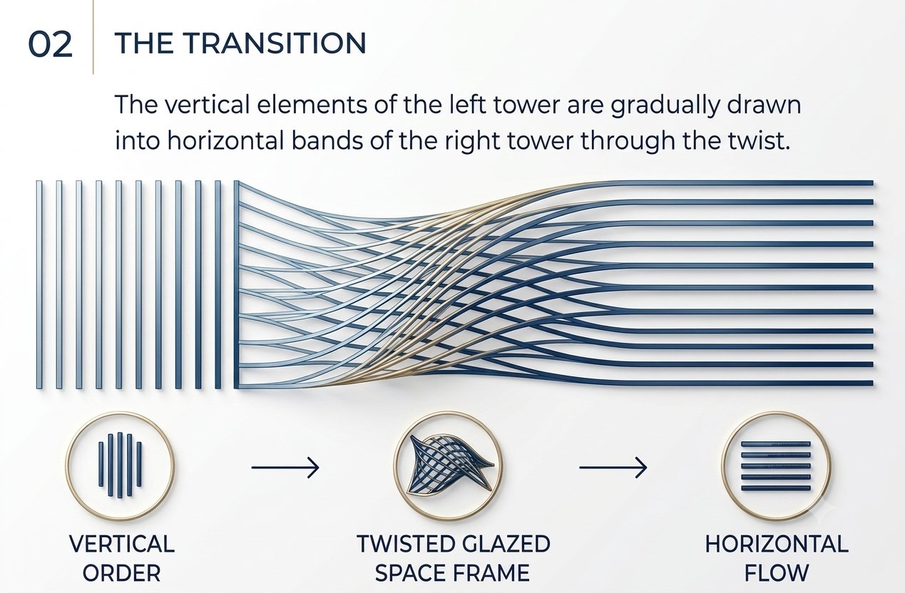 Diagram of a twisting glazed space frame between two towers