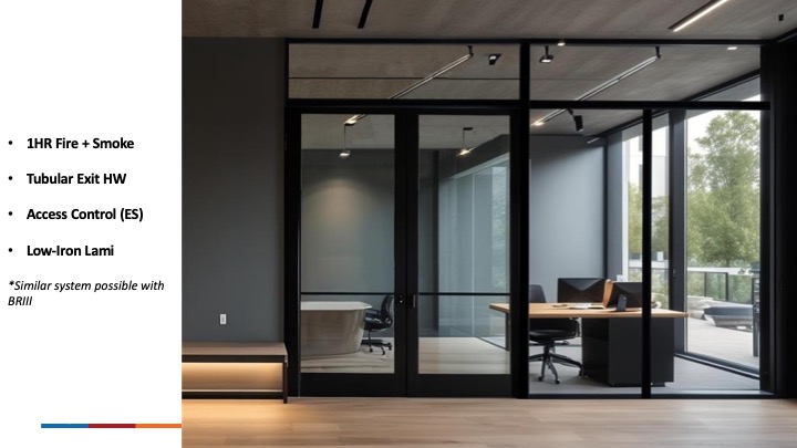 A one-hour fire-and-smoke assembly with access control and low-iron glazing