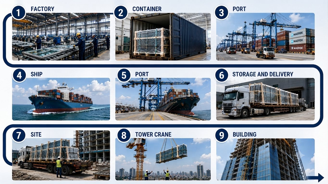 The forgotten link. Panels travel through ports, warehouses, vehicles and customs, and the façade is only as good as the care taken on that journey.