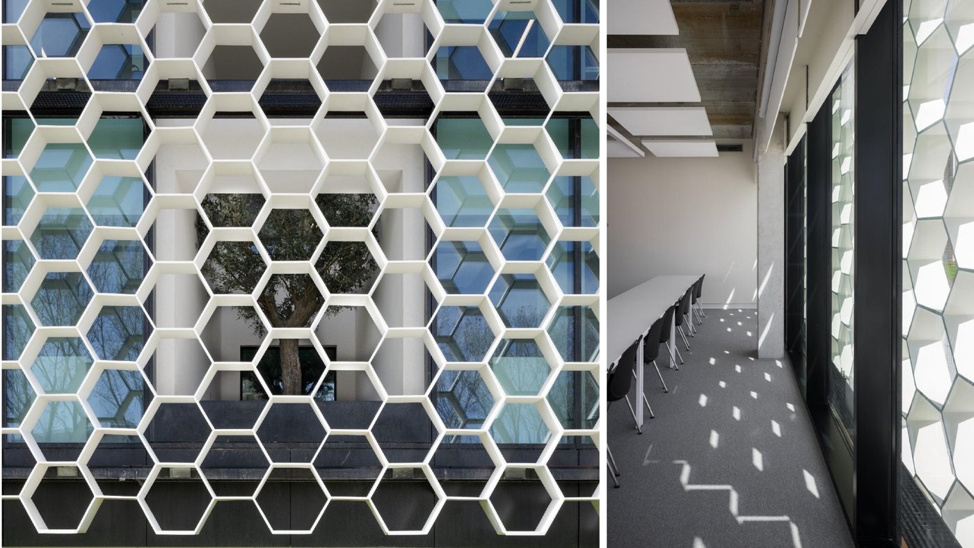 Pormenor da pele hexagonal branca da fachada
