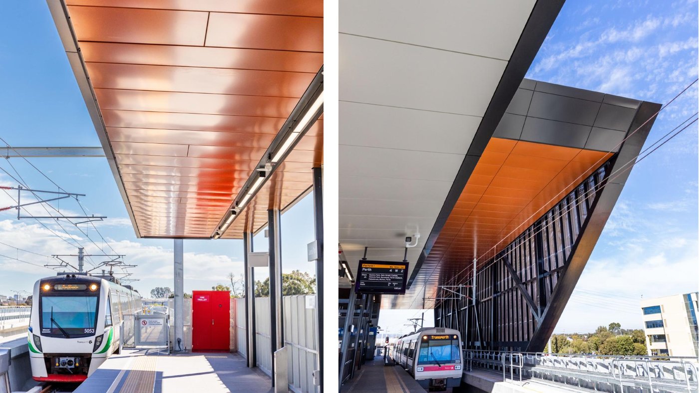 Rail station platform clad in factory-formed steel panels
