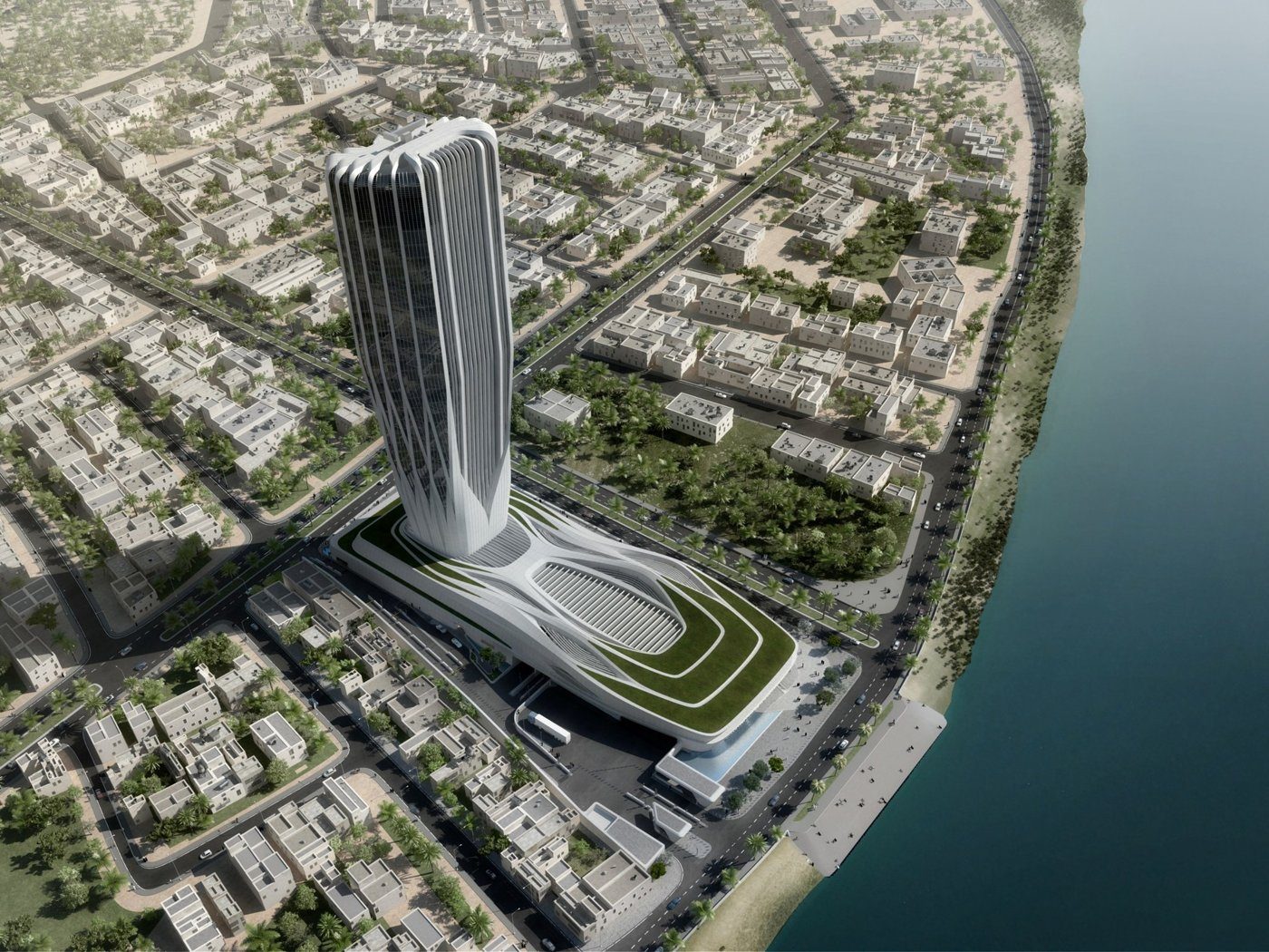 Aerial view of the tower and podium