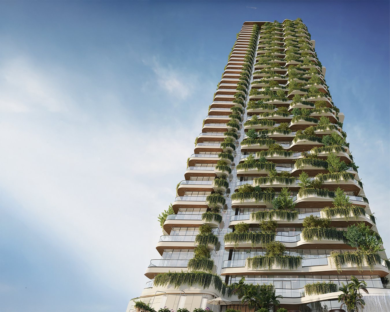 One home per floor. 38 families on a one and a half acre site, with planters built as a double skin that touches the building nowhere.