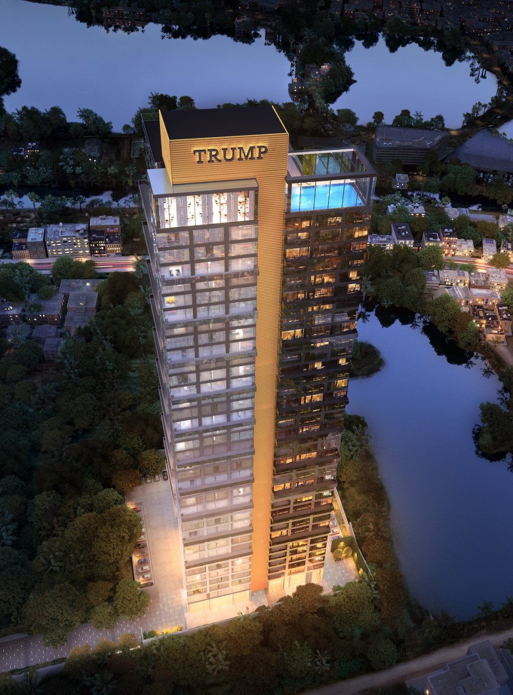 Trump Tower Kolkata. The 42-storey tower was reworked for an all-glass look, with a structurally glazed sliding shutter so no aluminium reads on the outside.