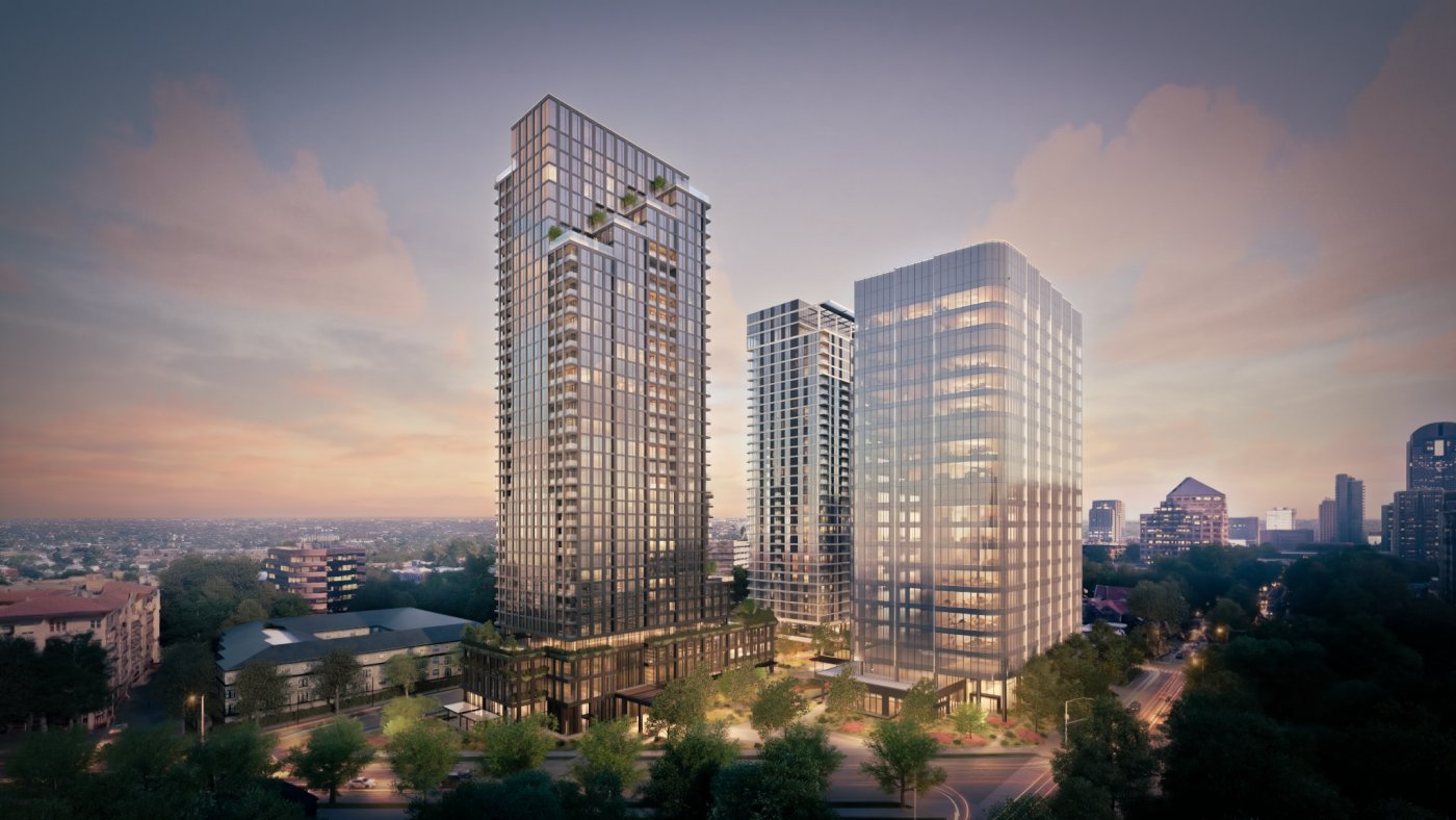 Three buildings, one podium. Conway said each was given an attitude unique to its use and its position on the site, framing over an acre of landscaped space between them.