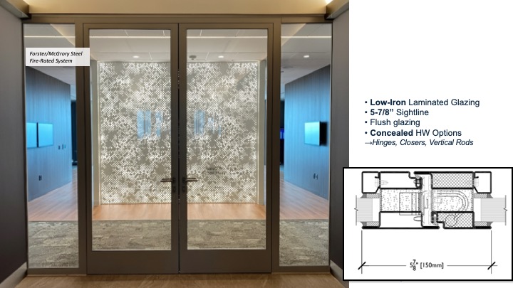 A fire-rated steel system with reduced sightlines and concealed hardware