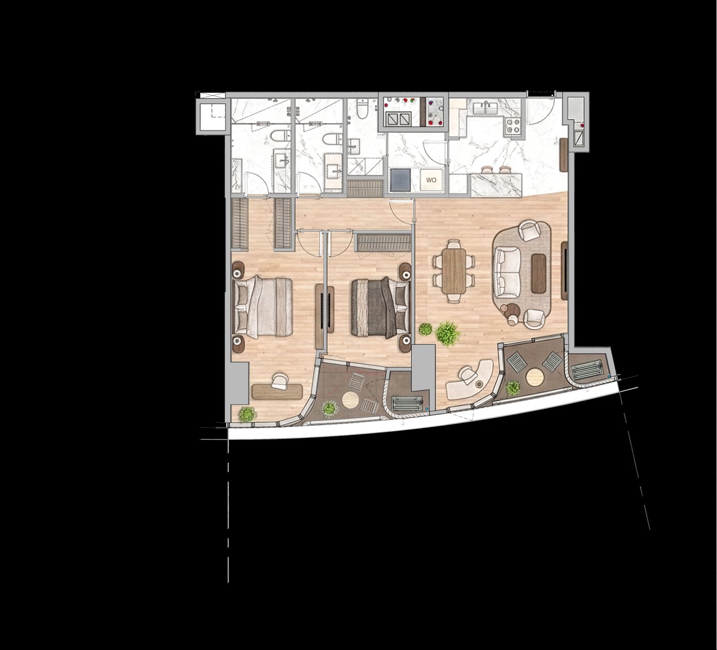 The same pair, merged. A two-bedroom made without touching the façade, the loggias, the access to the AC condensers or the risers at the back.