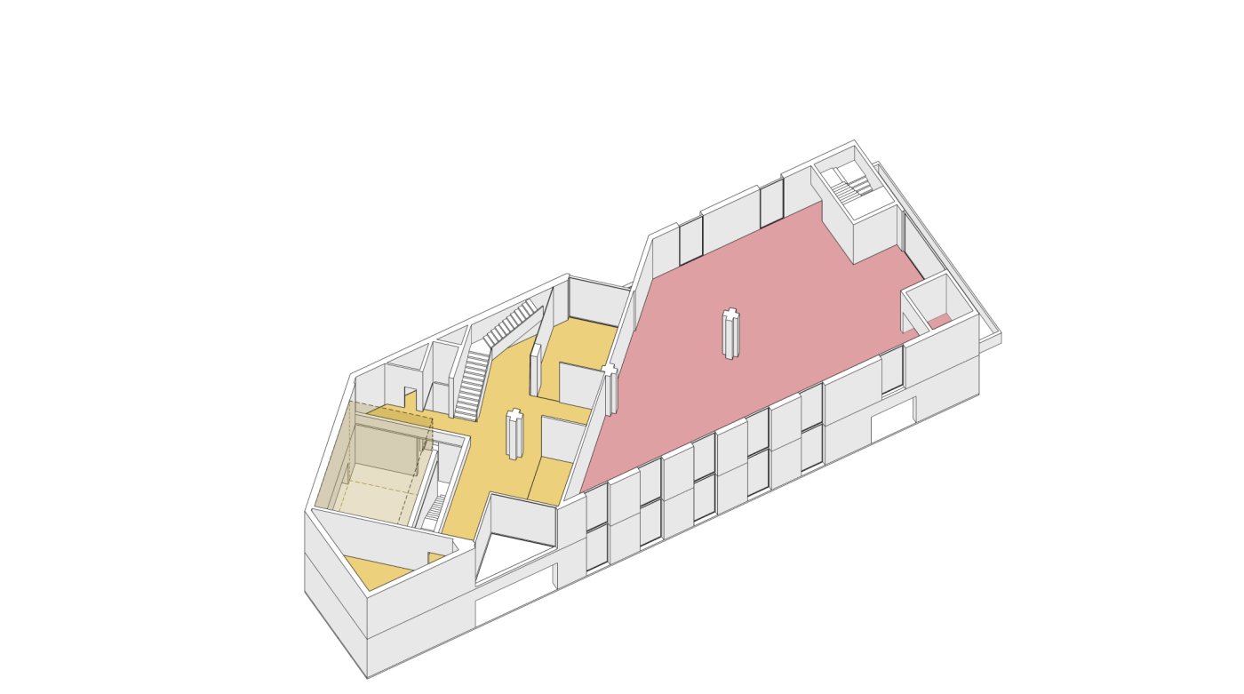 Cut on the diagonal. A short front and a long run behind it, divided diagonally so the length is used and the interior cannot quite be placed.