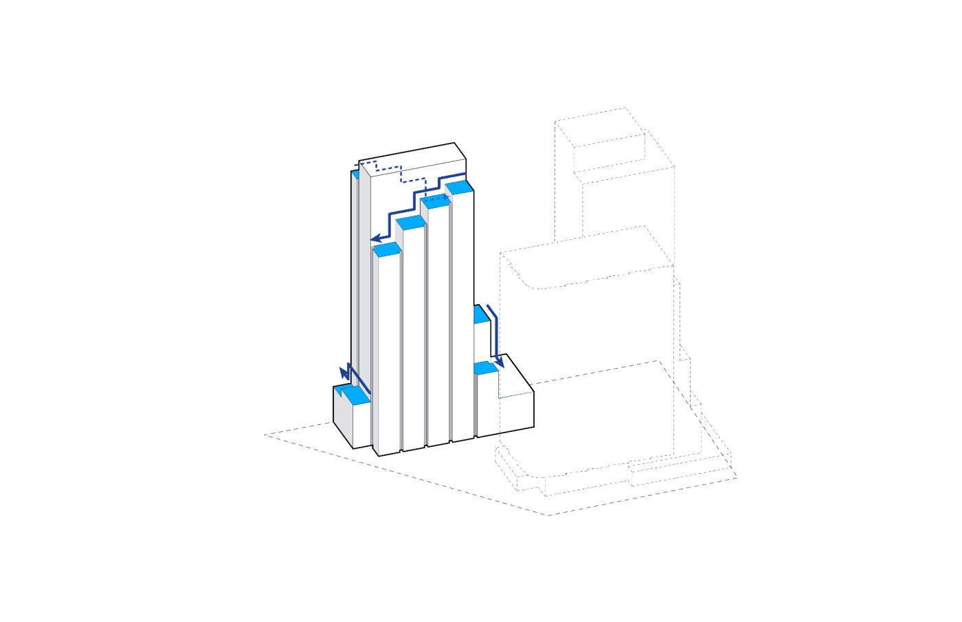 The cascade that came out of it. Terraces working their way down and around the building, with corner loggia balconies running the full height so every unit has outdoor space.