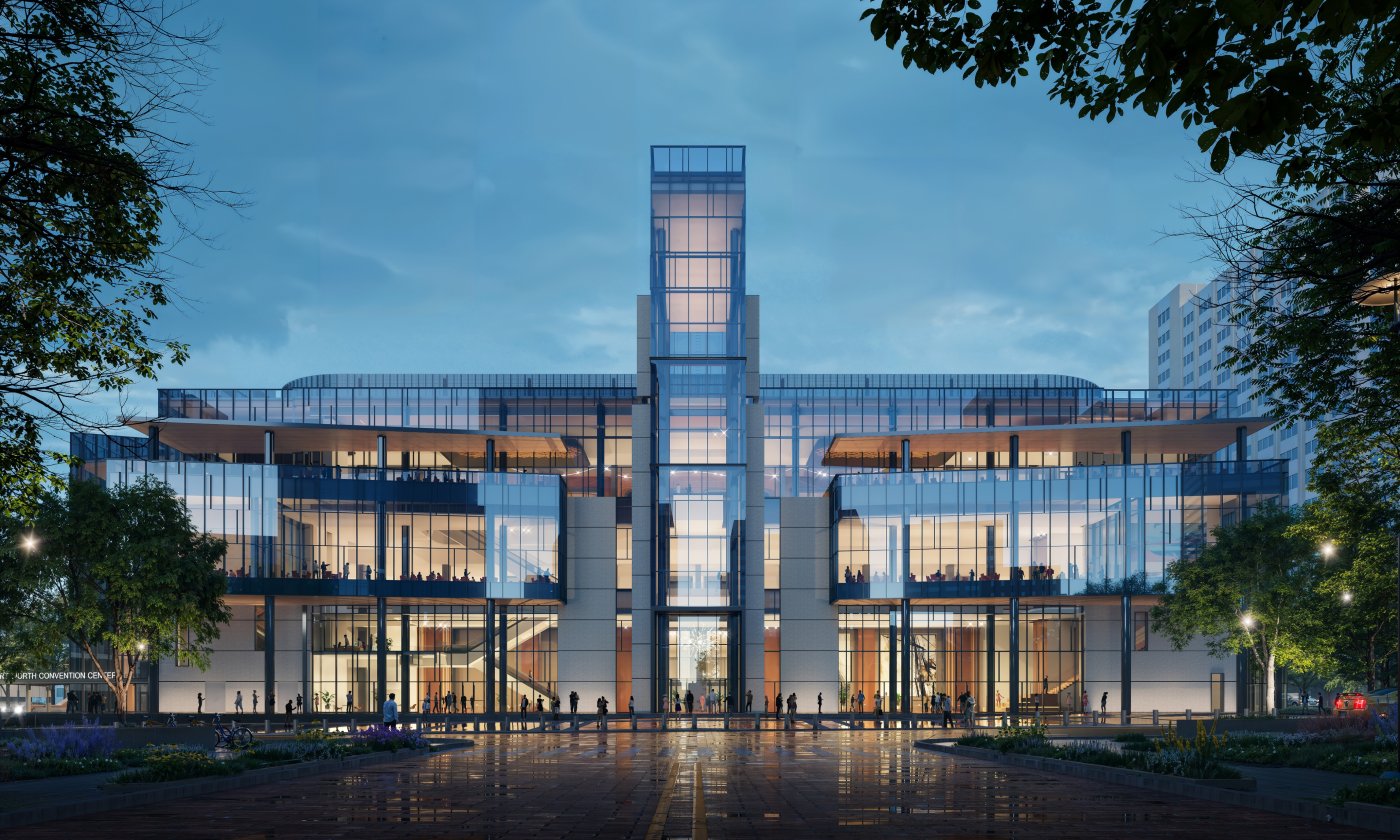 The north elevation. Gao said downtown Fort Worth, mostly glass curtain wall and brick, was the reference for both the materials and the forms.