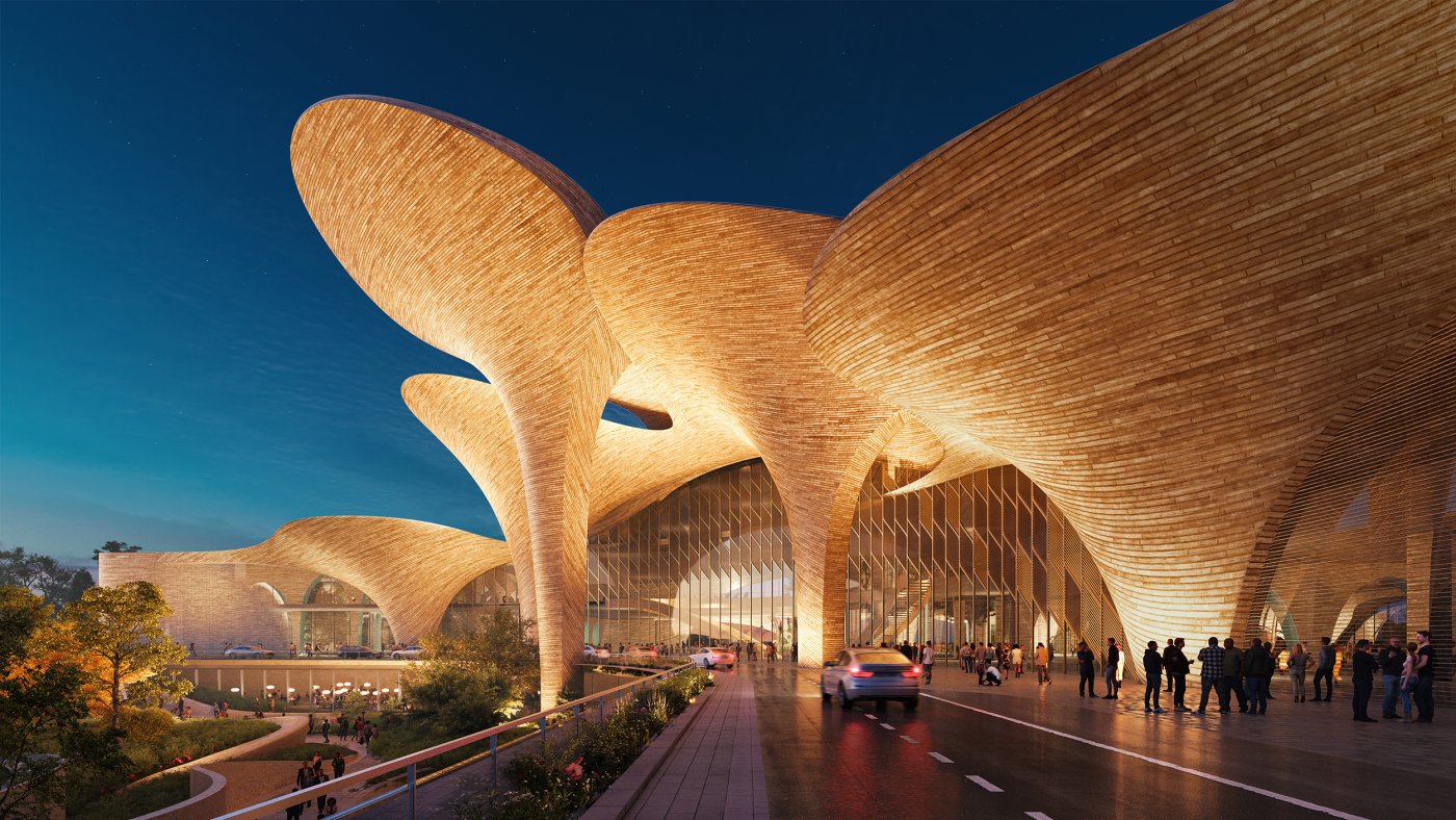 A render of a building of timber-lined vaults flaring outwards above a lit public approach