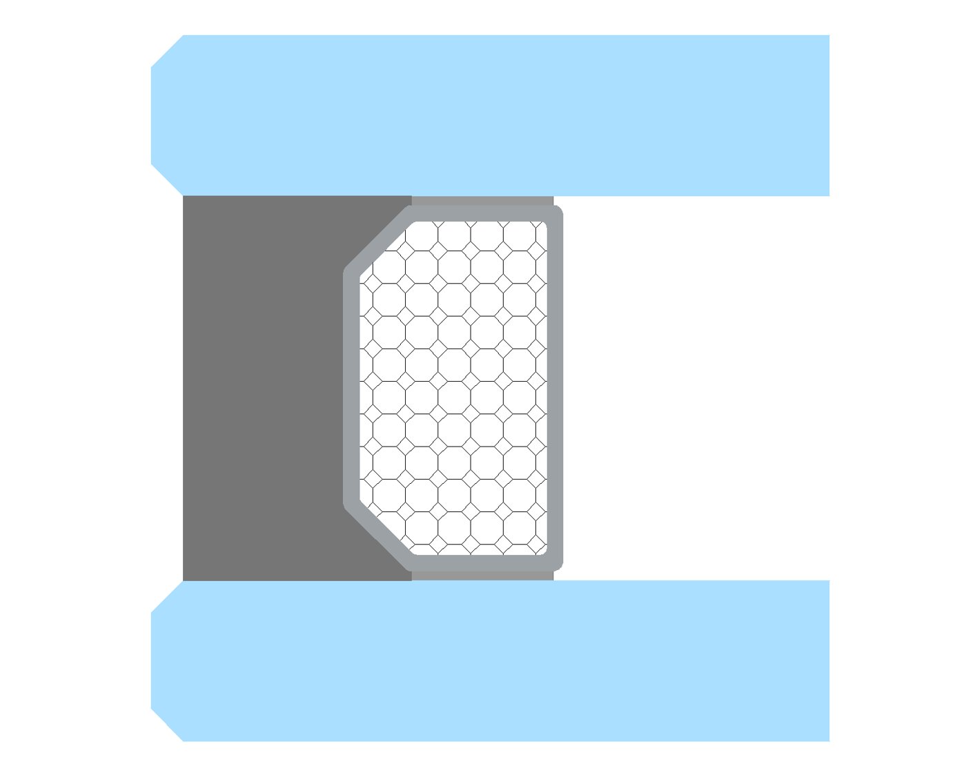 Cross-section of a C-shaped polyamide thermal-break profile in a glazed frame