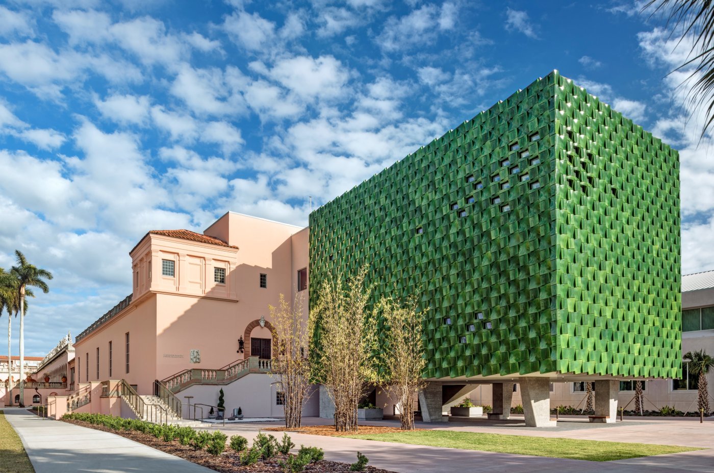 Sarasota, after Hurricane Milton. Schwartz said this green glazed rainscreen combined several forming methods, and came away from the hurricane entirely unharmed.