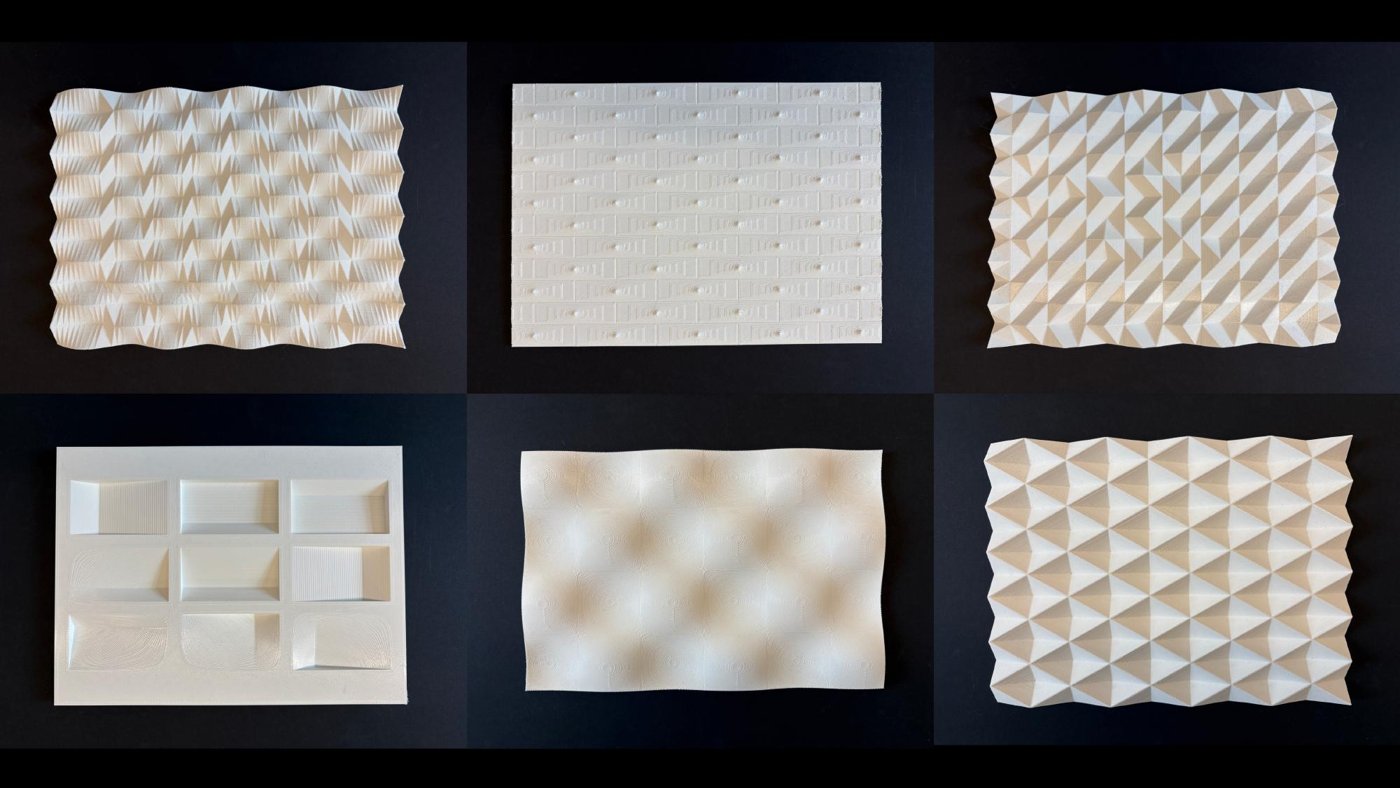 Grid of 3D-printed façade study swatches with undulating textures