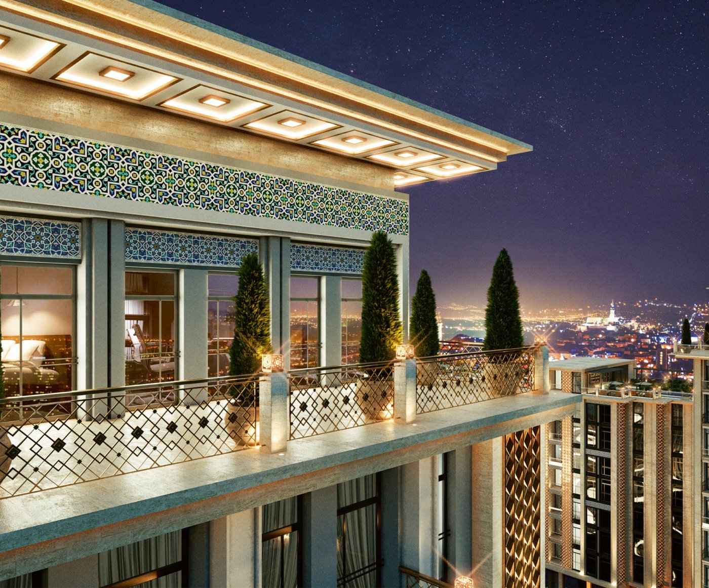 Terrace under a deep ornamented eave, with a balustrade of pierced panels and the lit city beyond