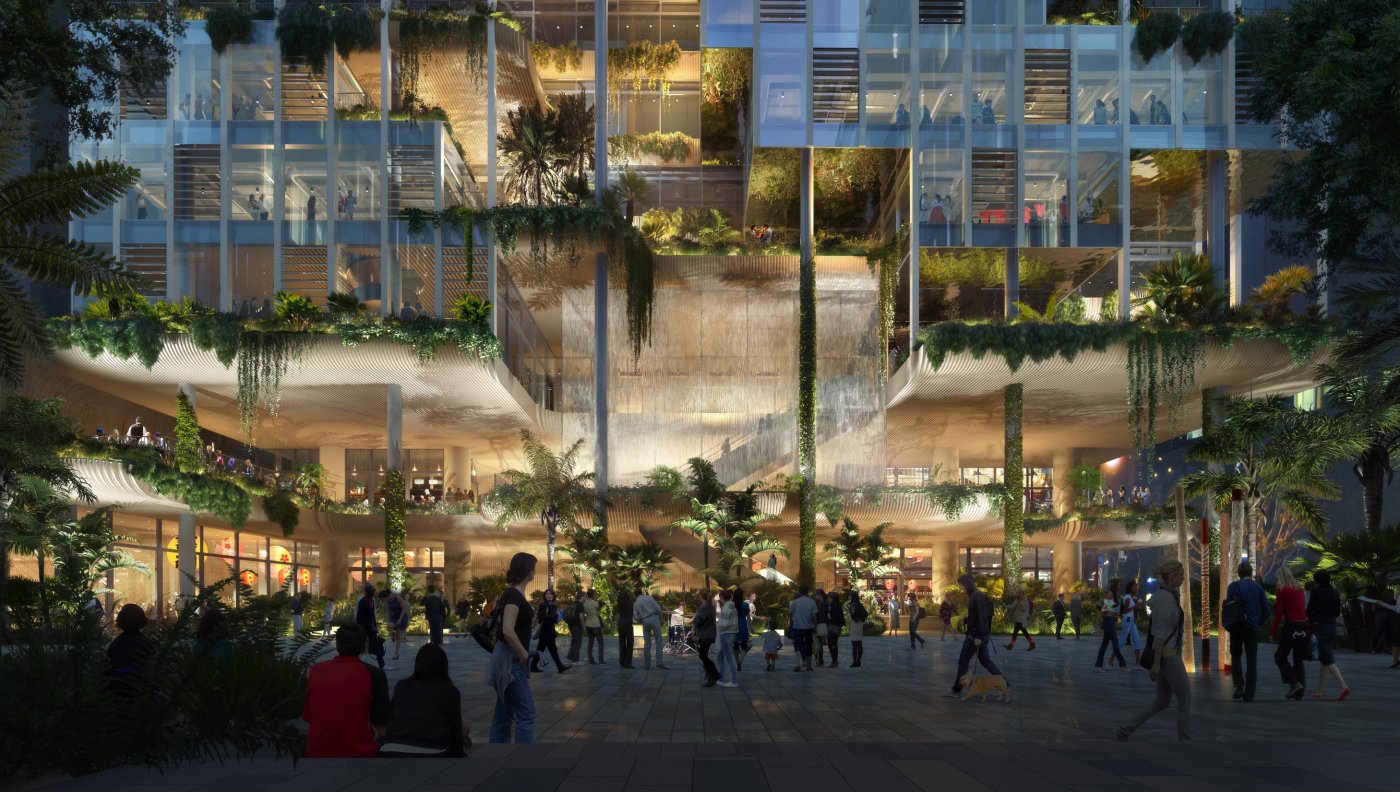 101 Albert Street, Brisbane. The 1,500 square metre floor plate stayed, so the lower building was carved into terraces and planted with rainforest, with the tower lifted to leave the public domain underneath.