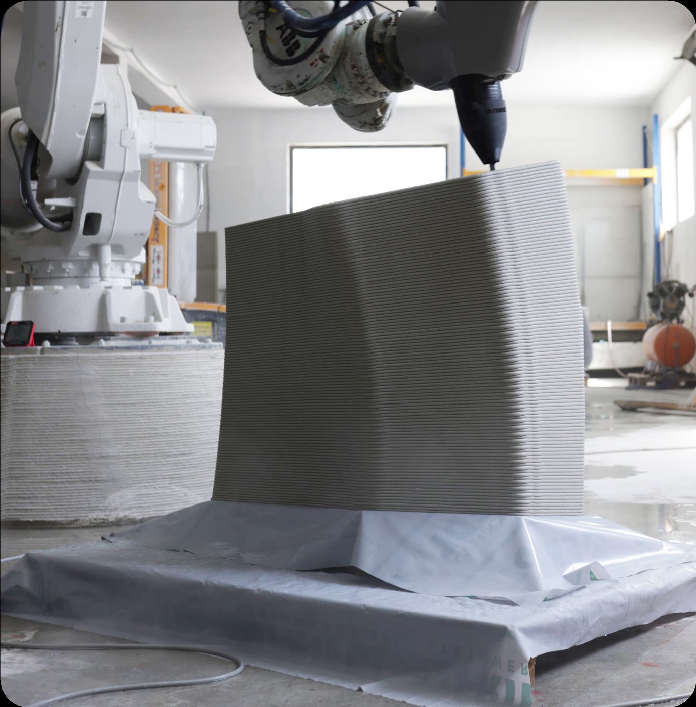 Braccio robotico che stampa in 3D un blocco in calcestruzzo