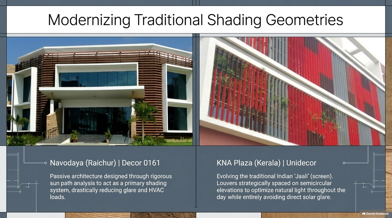 Navodaya and KNA Plaza. At the Kerala building the elevation is semicircular, so the louvre angle changes from one side of the curve to the other.