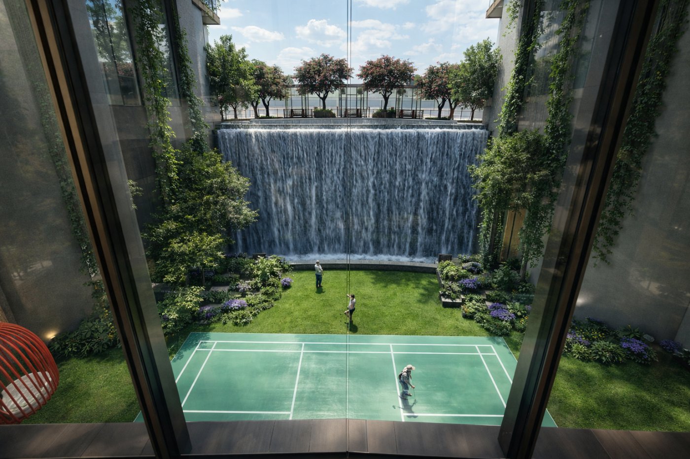 Arriving through the basement. Most residents enter two levels down, so the cut between the towers brings daylight, a waterfall and courts to meet them.