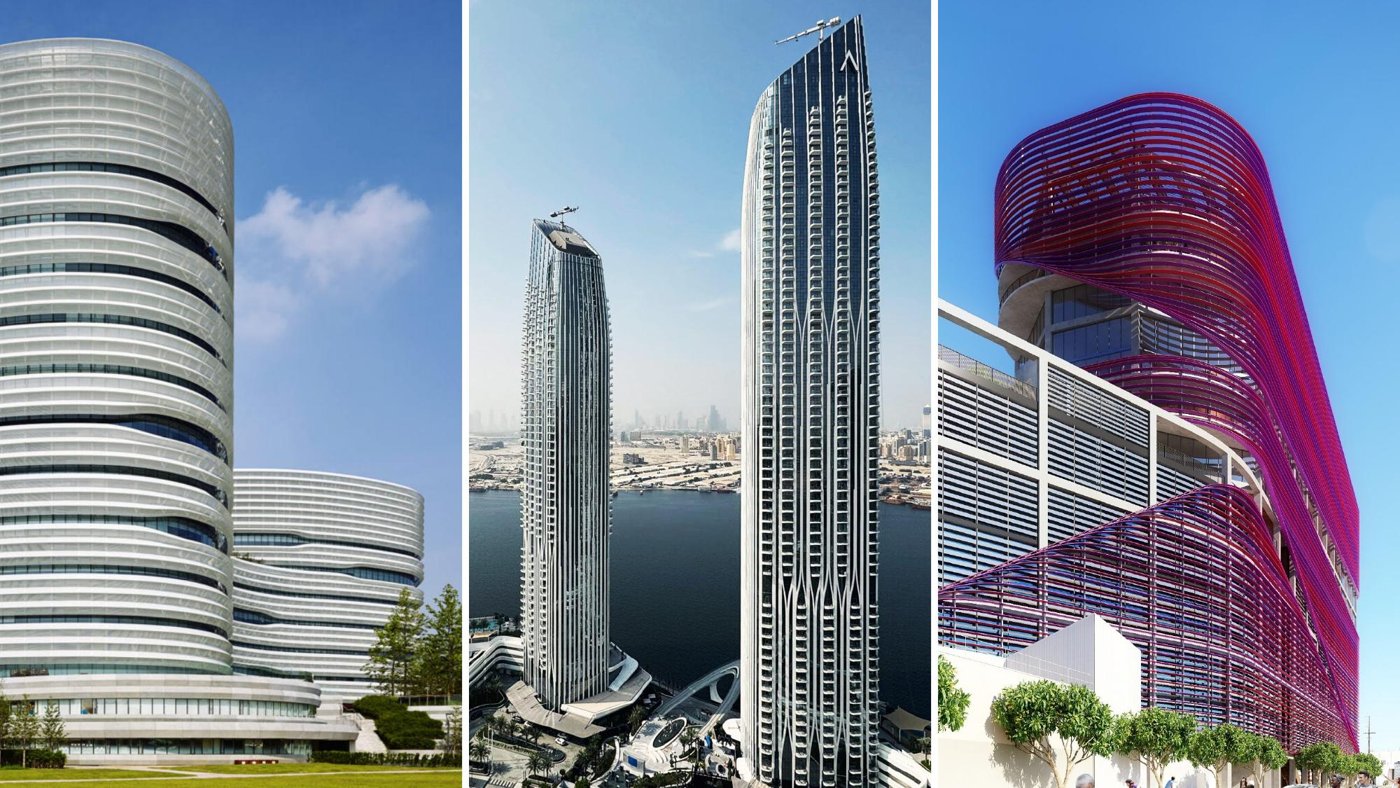 Three tower projects shown side by side as an evolution of façade approaches
