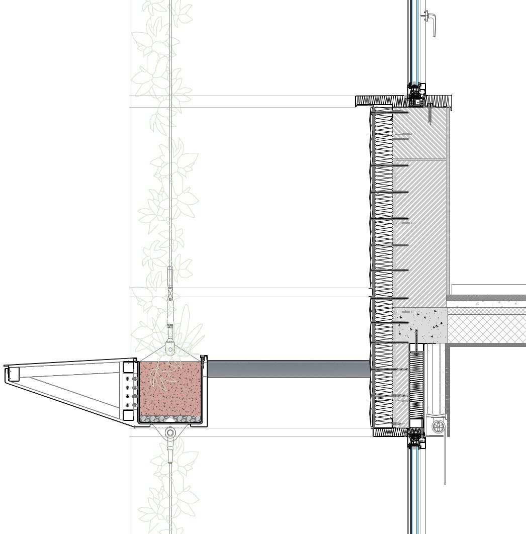 Sezione del nodo di marcapiano e del nuovo rivestimento