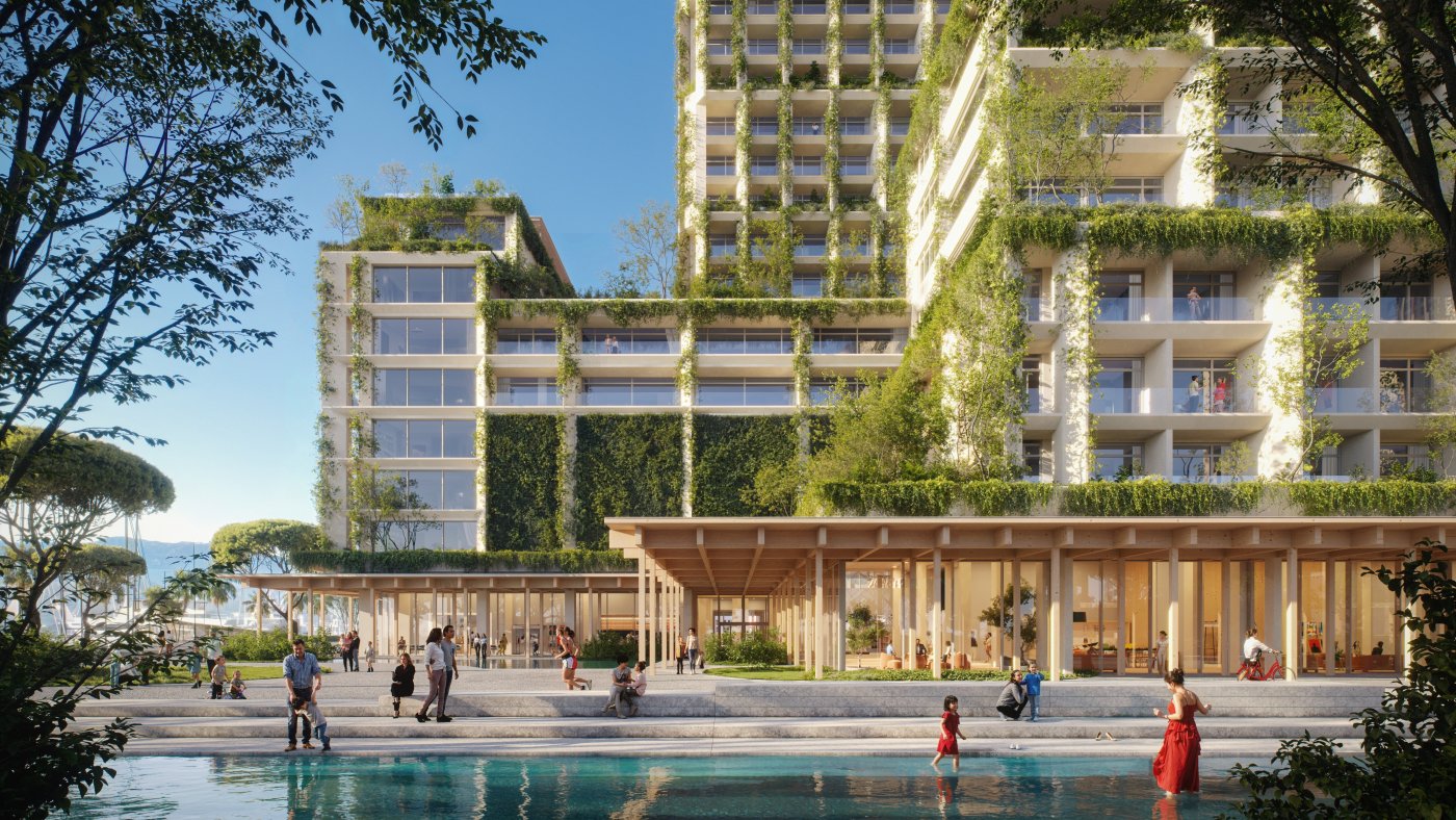The podium at street level. The greenery is set densest where it meets people and allowed to fade with height up the towers.