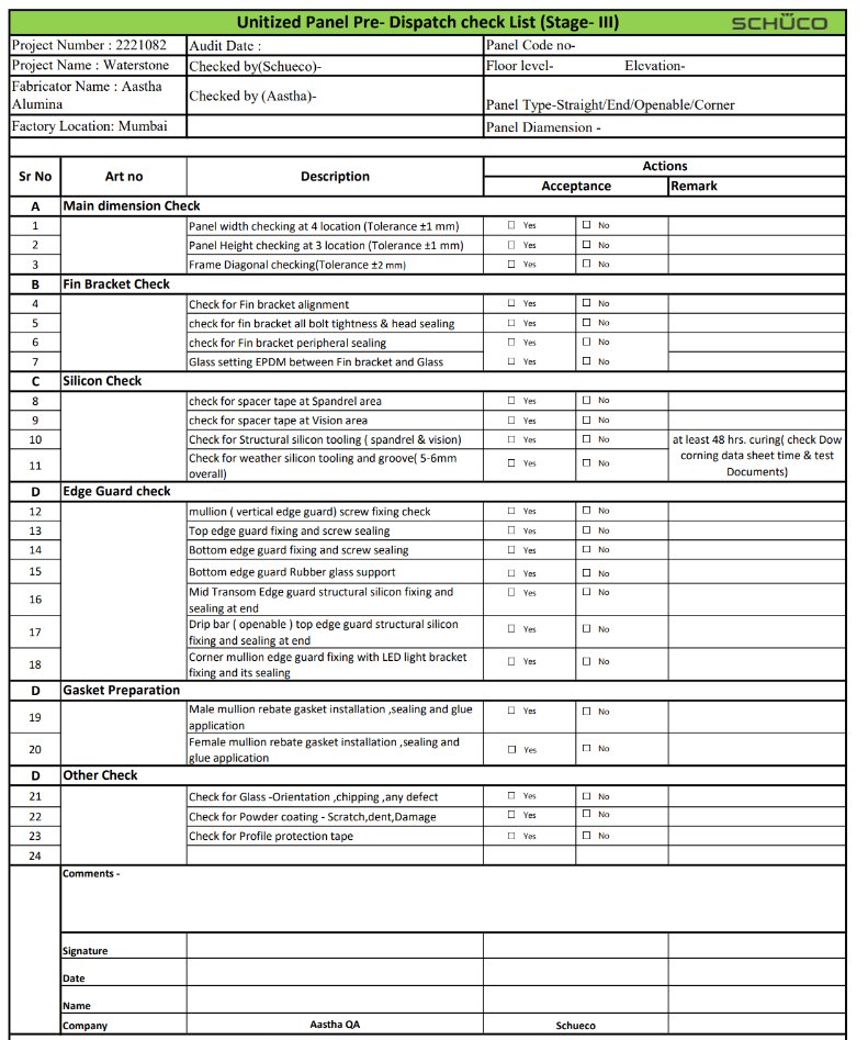 Checklist at every stage. Doshi set out method statements and checklists for fabrication, assembly and installation, with every panel cleared at all three.