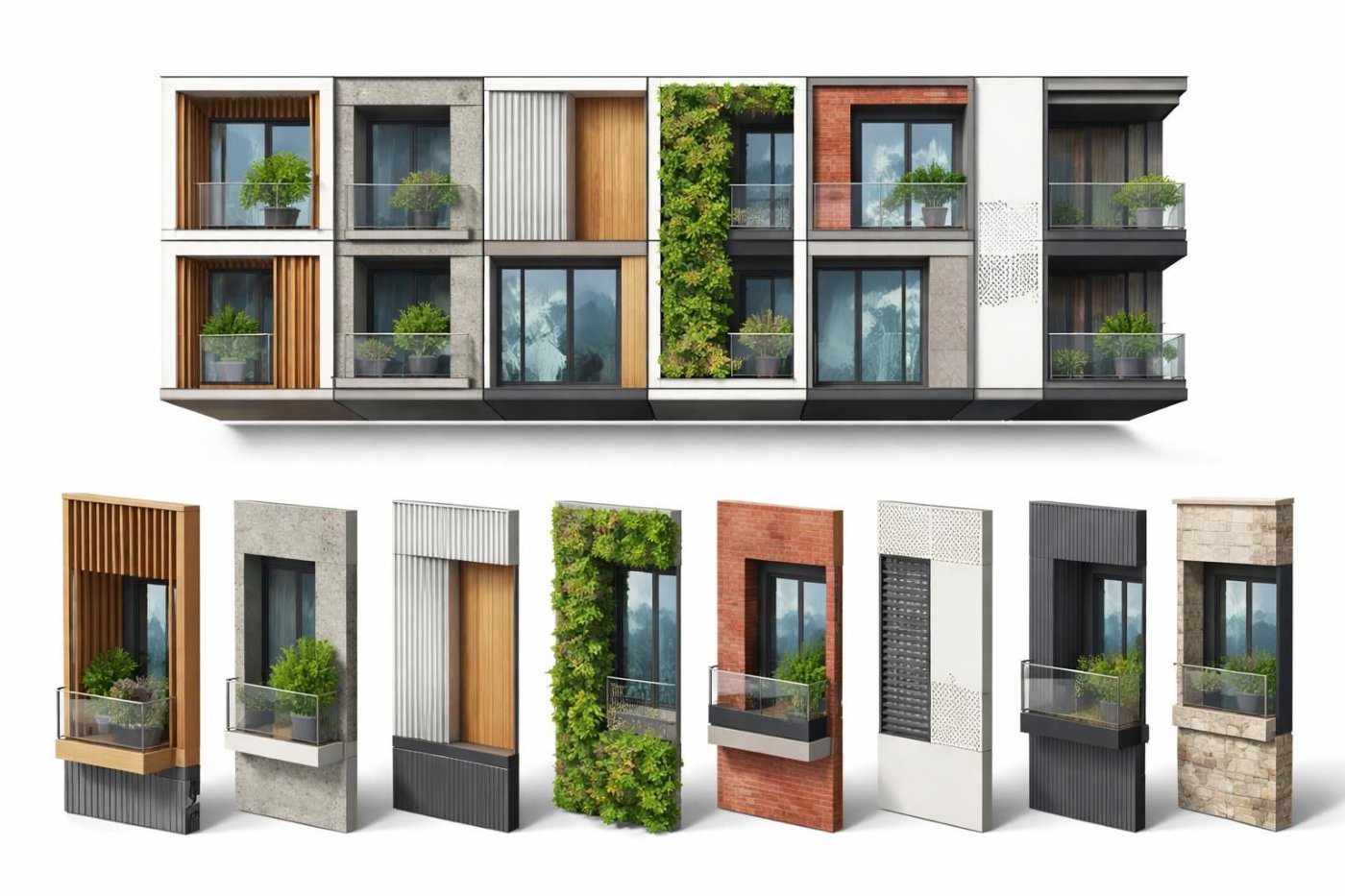 Eight elevations, one system. Engineered and fabricated once, with the skin chosen per unit, so repetition is avoided without repeating the engineering.