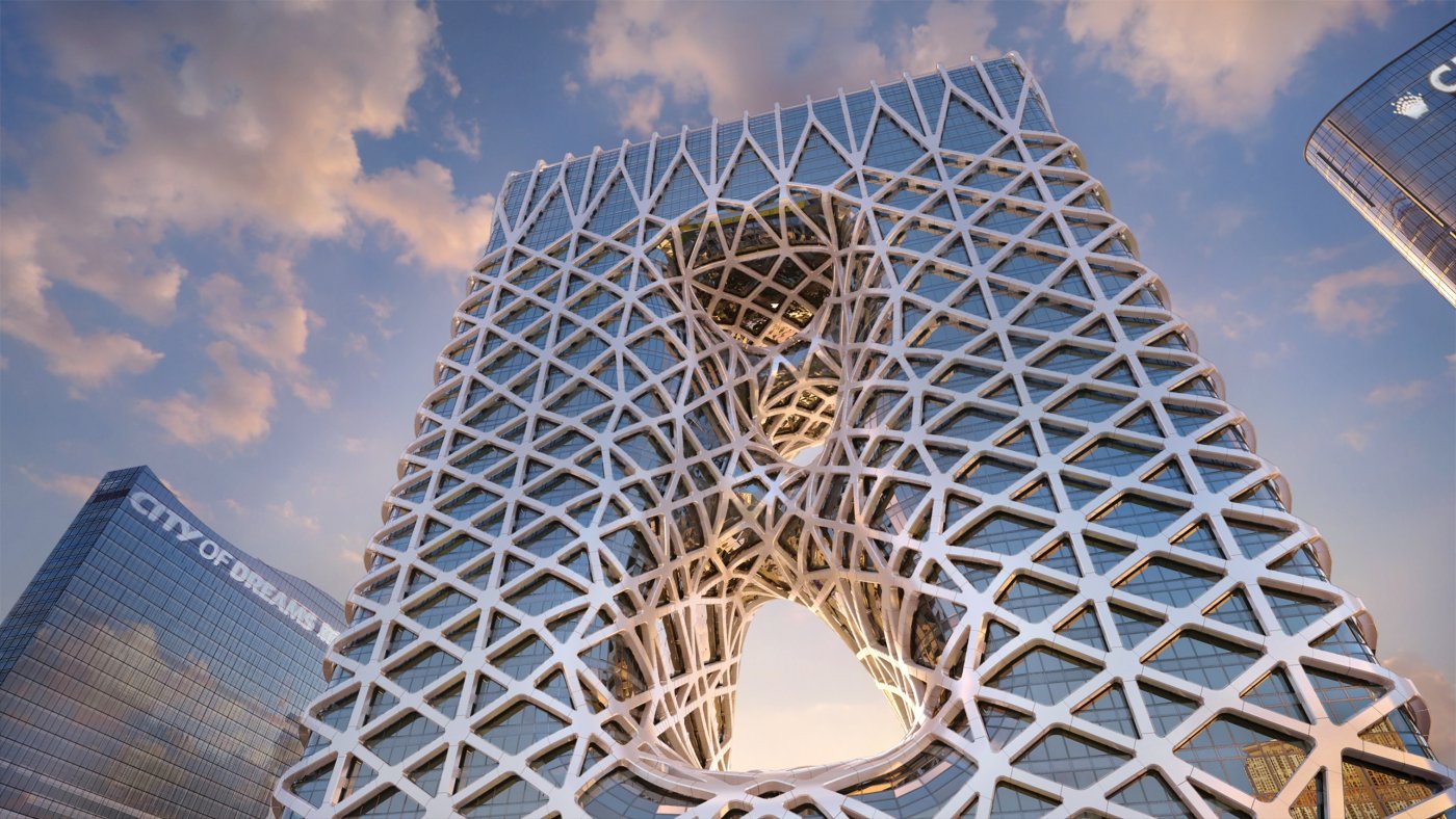A tower clad in a white triangulated exoskeleton pierced by large voids, seen from below