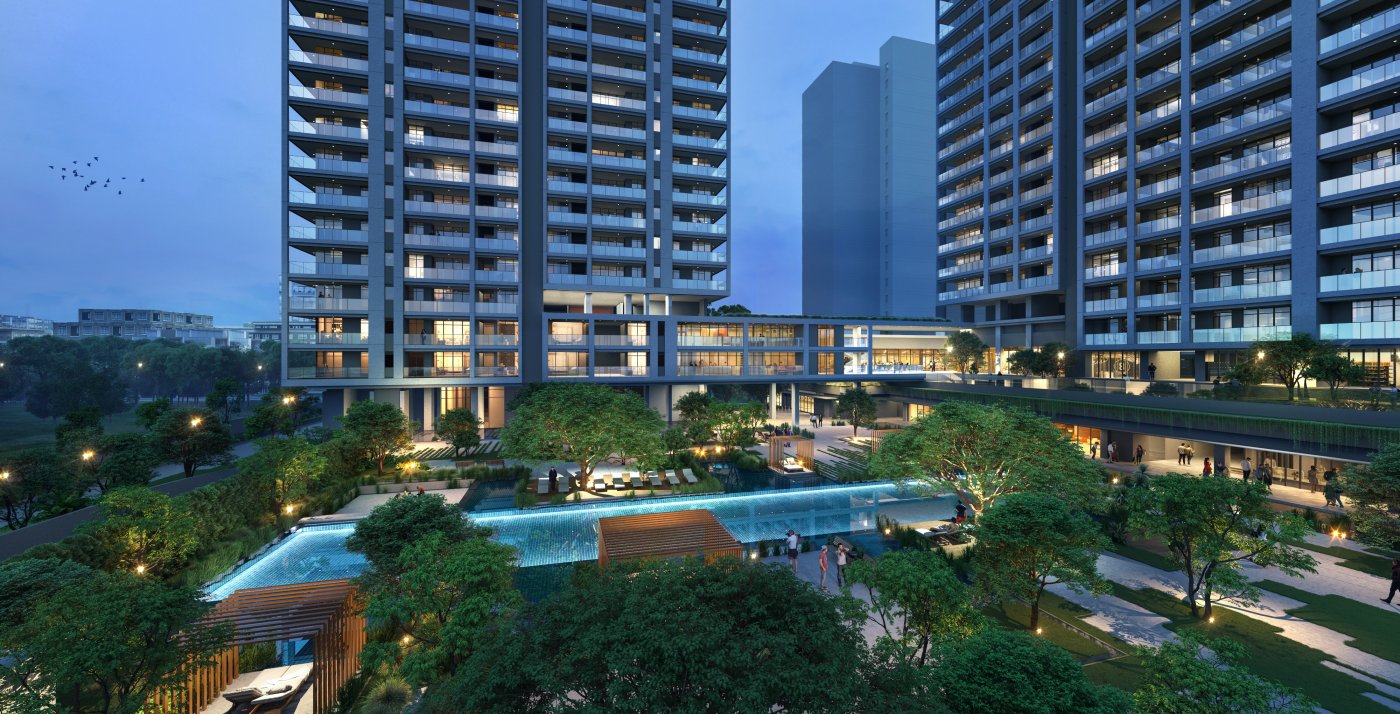 Amenities spread out. Facilities are scattered so residents cross from one tower to another, creating the unplanned encounters that apartment living otherwise removes.