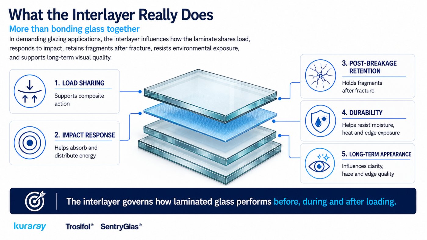 More than a bond. Load sharing, impact response, fragment retention, durability and long-term appearance all sit with the interlayer rather than the glass.