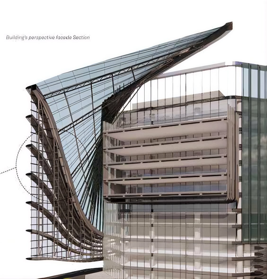 Sculptural steel framework of an auditorium façade under construction